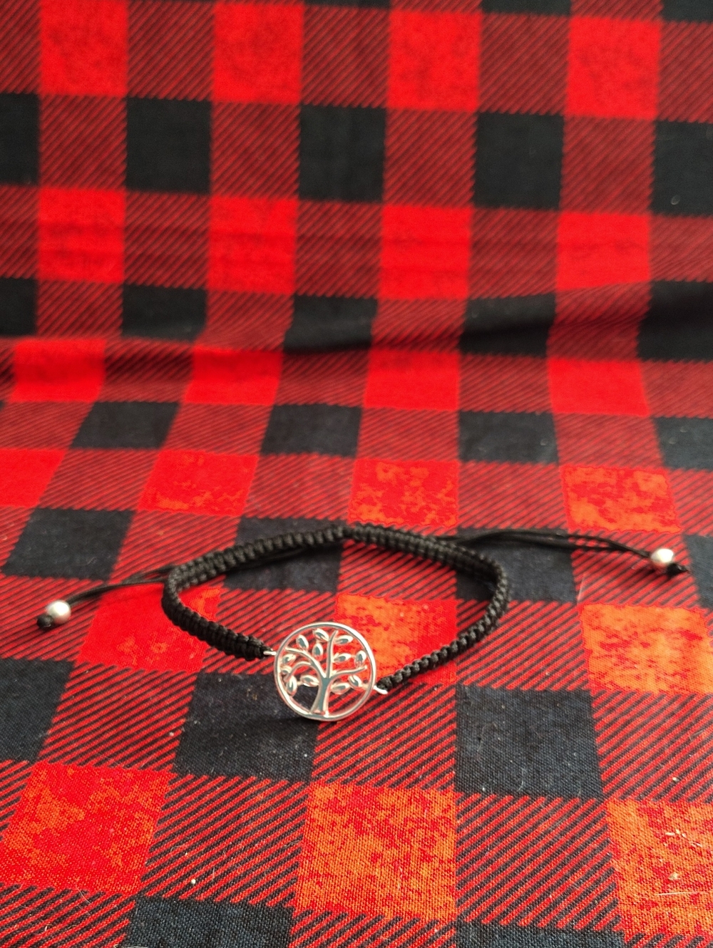 Tree of Life Silver Charm Cord Bracelet - Black